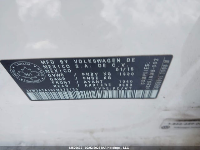 Продажа на аукционе авто 2015 Volkswagen Jetta Tdi, vin: 3VW3A7AJ6FM279130, номер лота: 12526632