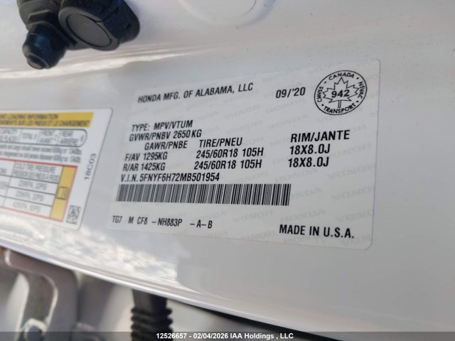 5FNYF6H72MB501954 Honda Pilot Ex-l Navi