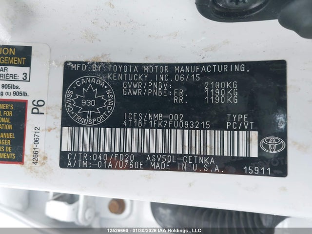 Aukcja sprzedaży 2015 Toyota Camry Le/xle/se/xse, vin: 4T1BF1FK7FU093215, numer aukcji: 12526660