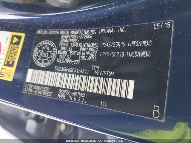 5TDJKRFH8FS174310 Toyota Highlander Xle