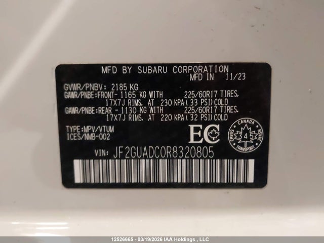 Aukcja sprzedaży 2024 Subaru Crosstrek Premium, vin: JF2GUADC0R8320805, numer aukcji: 12526665
