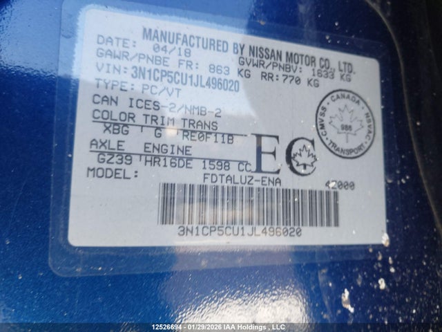 3N1CP5CU1JL496020 Nissan Kicks S/sr/sv