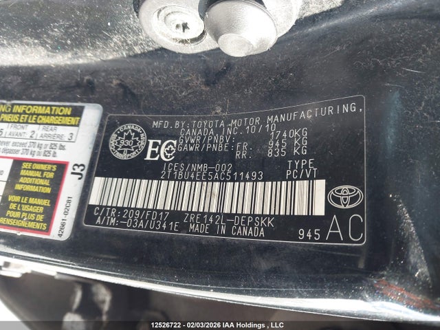 2010 Toyota Corolla S მანქანა იყიდება აუქციონზე, vin: 2T1BU4EE5AC511493, აუქციონის ნომერი: 12526722