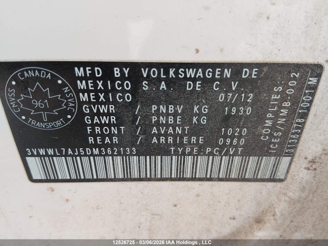 Aukcja sprzedaży 2013 Volkswagen Jetta 2.0 Tdi Comfortline, vin: 3VWWL7AJ5DM362133, numer aukcji: 12526725