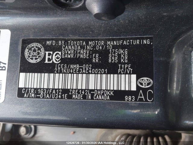 12526726 :رقم المزاد ، 2T1KU4EE3AC400201 vin ، 2010 Toyota Corolla Matrix مزاد بيع