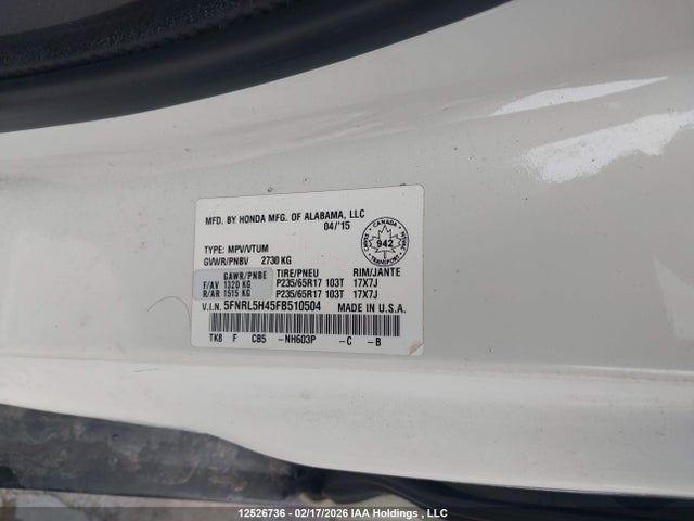 Honda ODYSSEY EX 2015 5FNRL5H45FB510504 Image 9