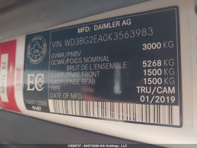 12526737 :رقم المزاد ، WD3BG2EA0K3563983 vin ، 2019 Mercedes-benz Metris مزاد بيع