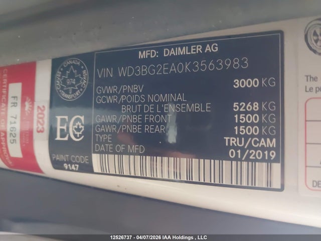 12526737 :رقم المزاد ، WD3BG2EA0K3563983 vin ، 2019 Mercedes-benz Metris مزاد بيع