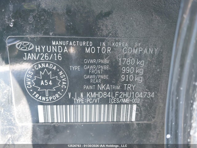 KMHD84LF2HU104734 Hyundai Elantra Se/value/limited