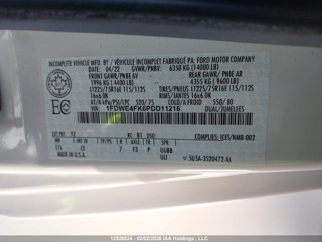 12526824 :رقم المزاد ، 1FDWE4FK6PDD11216 vin ، 2023 Ford Econoline E450 Super Duty Cutaway Van مزاد بيع