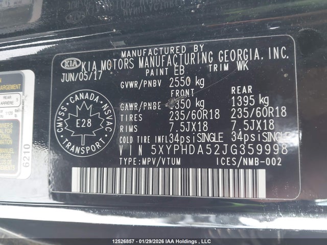 5XYPHDA52JG359998 KIA Sorento