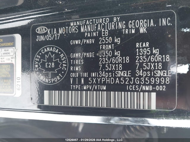 5XYPHDA52JG359998 KIA Sorento