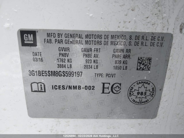 3G1BE5SM8GS599197 Chevrolet CRUZE LT