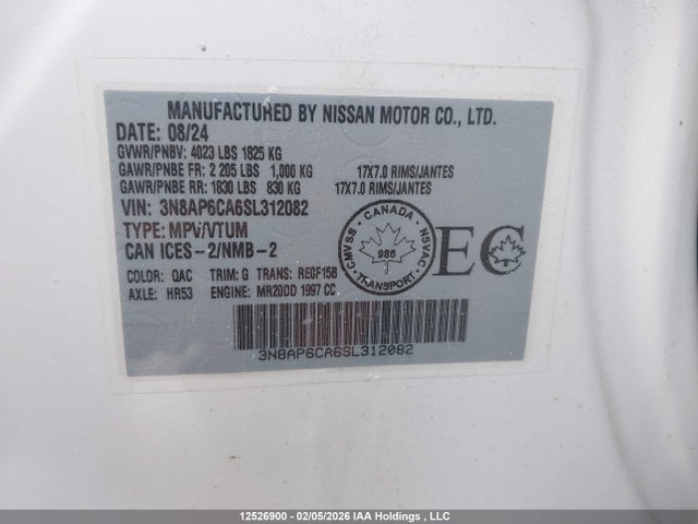 12526900 :رقم المزاد ، 3N8AP6CA6SL312082 vin ، 2025 Nissan Kicks مزاد بيع