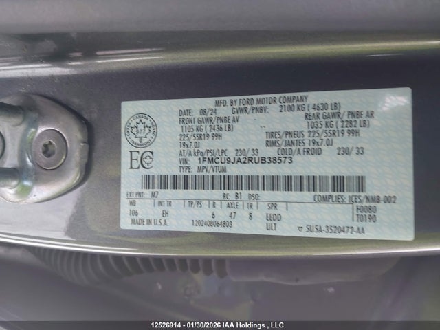 12526914 :رقم المزاد ، 1FMCU9JA2RUB38573 vin ، 2024 Ford Escape Platinum مزاد بيع