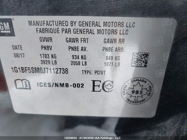 1G1BF5SM0J7112738 Chevrolet Cruze Premier Auto