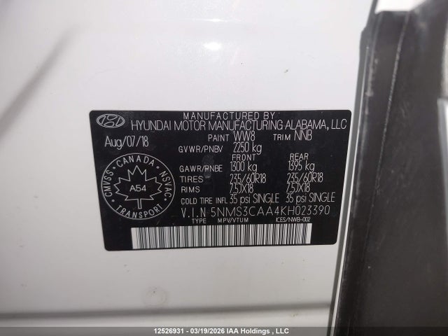 Продажа на аукционе авто 2019 Hyundai Santa Fe Sel/sel Plus, vin: 5NMS3CAA4KH023390, номер лота: 12526931