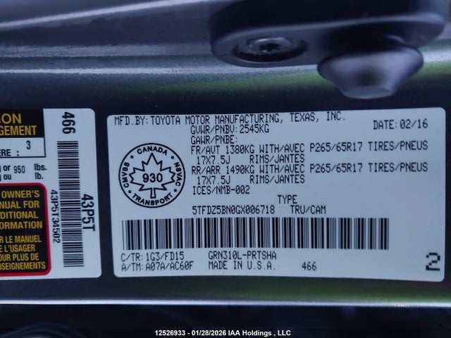 5TFDZ5BN0GX006718 Toyota Tacoma
