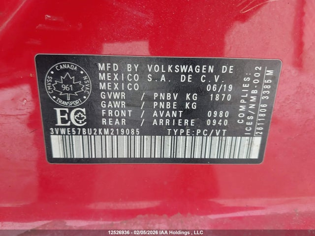 3VWE57BU2KM219085 Volkswagen Jetta 1.4 Tsi Highline