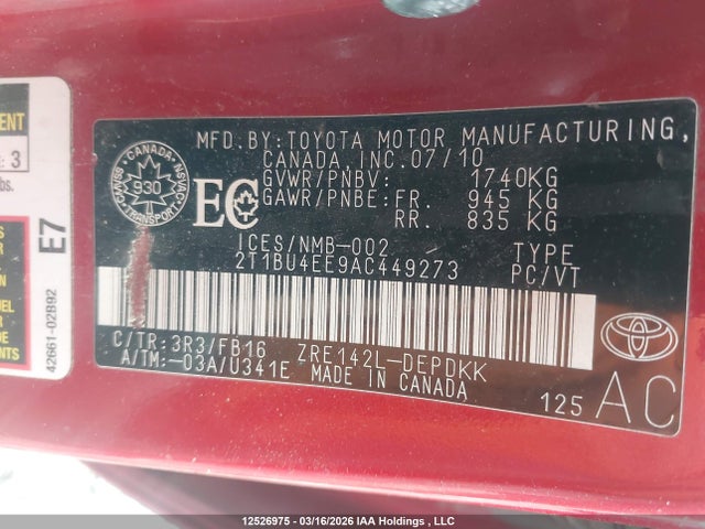 Aukcja sprzedaży 2010 Toyota Corolla S/le/xle, vin: 2T1BU4EE9AC449273, numer aukcji: 12526975