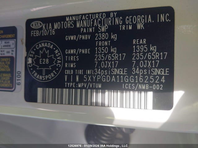 5XYPGDA11GG162524 KIA Sorento 2.0l Ex/2.0l Lx+