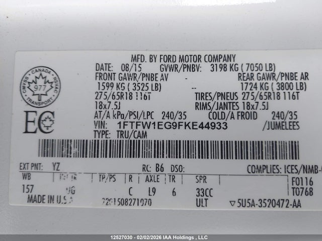 1FTFW1EG9FKE44933 Ford F-150 Xlt