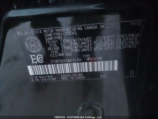 2013 Toyota Rav4 Le მანქანა იყიდება აუქციონზე, vin: 2T3BFREV3DW113104, აუქციონის ნომერი: 12527033