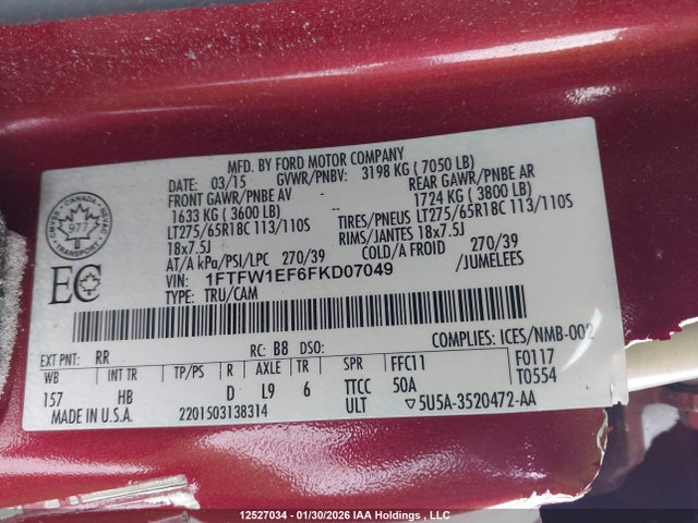 1FTFW1EF6FKD07049 Ford F-150 Lariat