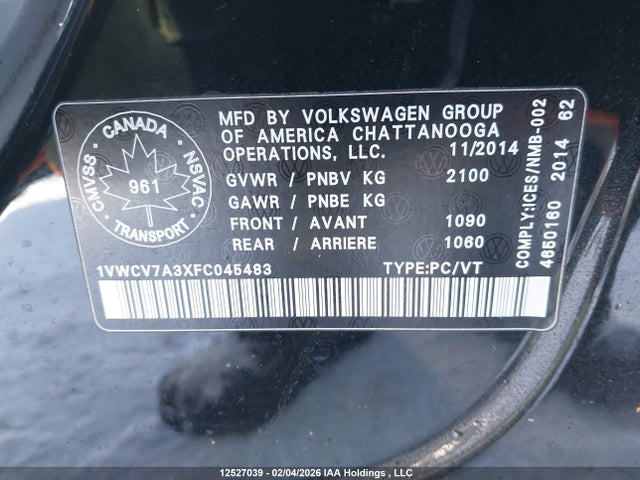 1VWCV7A3XFC045483 Volkswagen PASSAT SEL