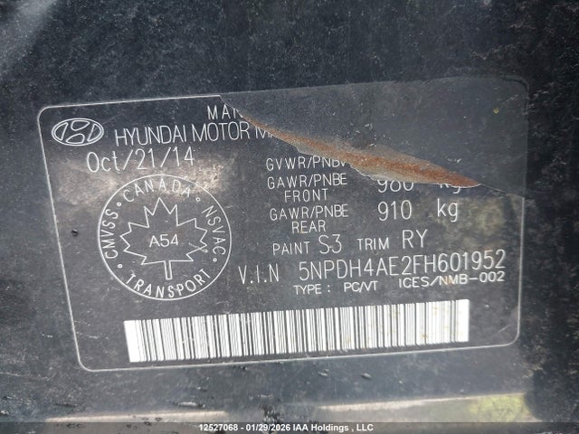 12527068 :رقم المزاد ، 5NPDH4AE2FH601952 vin ، 2015 Hyundai Elantra Gl مزاد بيع
