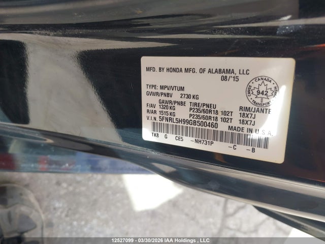 5FNRL5H99GB500460 Honda Odyssey Touring