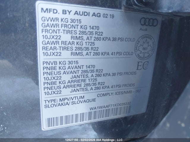 WA1WAAF71KD035332 Audi Q7