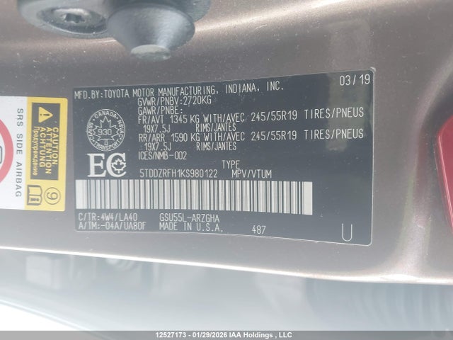 5TDDZRFH1KS980122 Toyota Highlander Limited