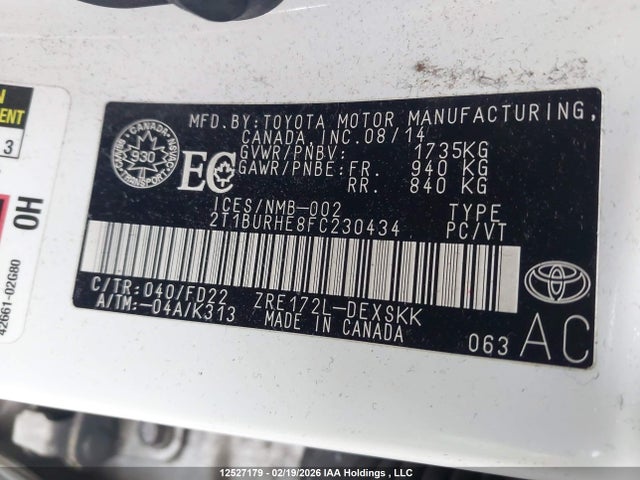 12527179 :رقم المزاد ، 2T1BURHE8FC230434 vin ، 2015 Toyota Corolla L/le/le Pls/prm/s/s Pls مزاد بيع
