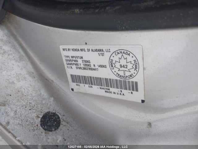 12527185 :رقم المزاد ، 5FNRL38637B504417 vin ، 2007 Honda Odyssey Ex-l مزاد بيع