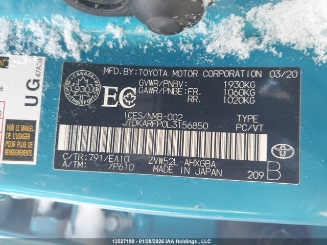 2020 Toyota Prius Prime Le/xle/limited მანქანა იყიდება აუქციონზე, vin: JTDKARFP0L3156850, აუქციონის ნომერი: 12527190