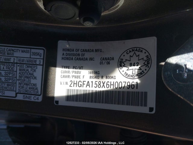 Aukcja sprzedaży 2006 Honda Civic Ex, vin: 2HGFA158X6H007961, numer aukcji: 12527233