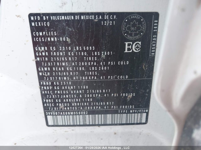 3VV0B7AX8NM056062 Volkswagen TIGUAN S