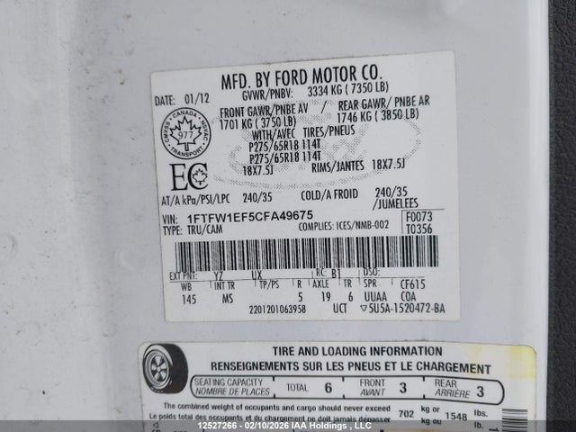 12527266 :رقم المزاد ، 1FTFW1EF5CFA49675 vin ، 2012 Ford F150 Supercrew مزاد بيع