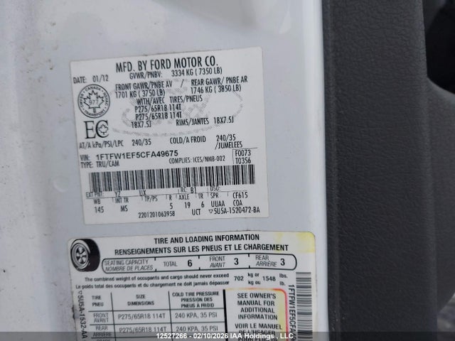 12527266 :رقم المزاد ، 1FTFW1EF5CFA49675 vin ، 2012 Ford F150 Supercrew مزاد بيع