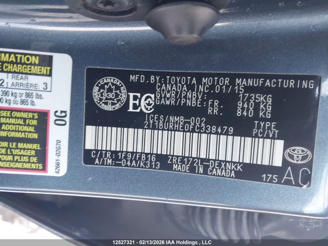Продаж на аукціоні авто 2015 Toyota Corolla Le, vin: 2T1BURHE0FC338479, номер лоту: 12527321