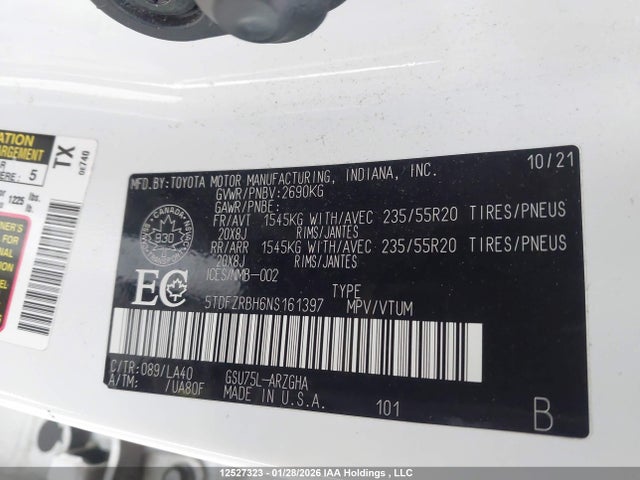 5TDFZRBH6NS161397 Toyota Highlander Platinum