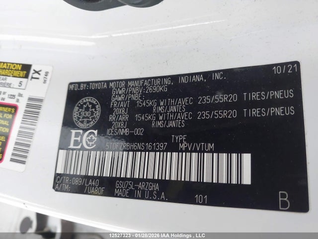5TDFZRBH6NS161397 Toyota Highlander Platinum