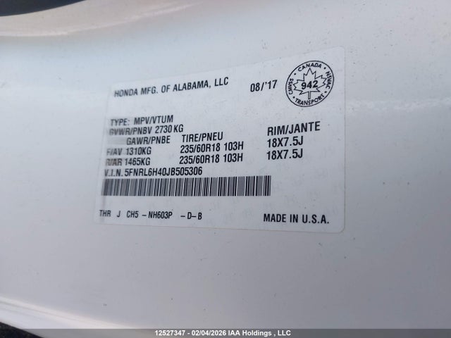 5FNRL6H40JB505306 Honda Odyssey