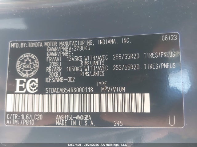 12527409 :رقم المزاد ، 5TDACAB54RS000118 vin ، 2024 Toyota Grand Highlander Hybrid Limited مزاد بيع