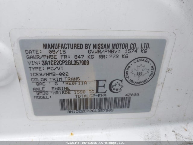 2016 Nissan Versa Note S/s Plus/sv/sl/sr მანქანა იყიდება აუქციონზე, vin: 3N1CE2CP2GL357909, აუქციონის ნომერი: 12527411