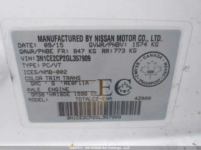 2016 Nissan Versa Note S/s Plus/sv/sl/sr მანქანა იყიდება აუქციონზე, vin: 3N1CE2CP2GL357909, აუქციონის ნომერი: 12527411