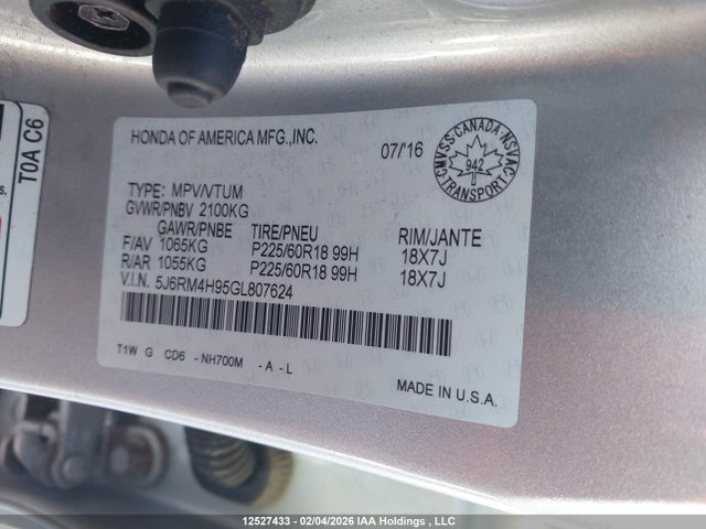 5J6RM4H95GL807624 Honda Cr-v Touring