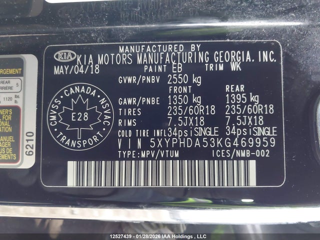 5XYPHDA53KG469959 KIA Sorento Ex/ex Sport