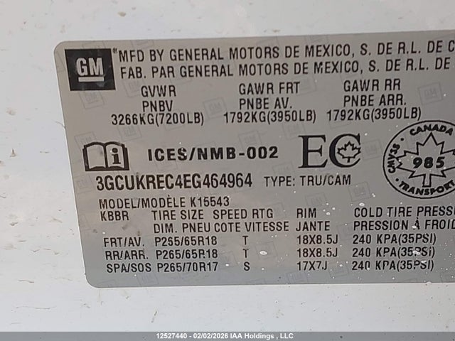 3GCUKREC4EG464964 Chevrolet Silverado K1500 Lt